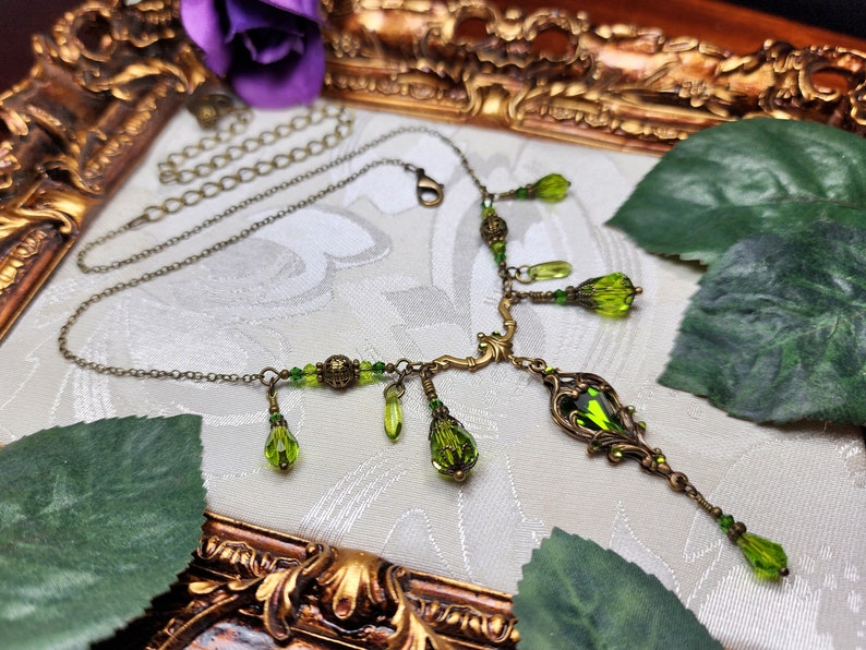 Peridot Green Victorian Choker, Gothic Heart, Lime Green Heartstone, Olivine Edwardian Bridal, Antique Gold Bronze Titanic Temptations 23005 image 7