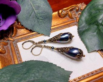 Silver Blue Pearl Victorian Earrings, Lustrous Rainbow Teardrop, Edwardian Bridal Gothic Black Antique Gold Bronze Titanic Temptations 19013