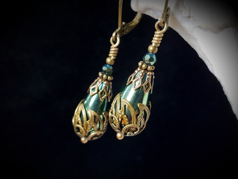 Green Teardrop Victorian Earrings, Olive Green Edwardian, Forest Green Gothic Drop, Antique Gold Bronze Steampunk, Titanic Temptations 21008 image 2