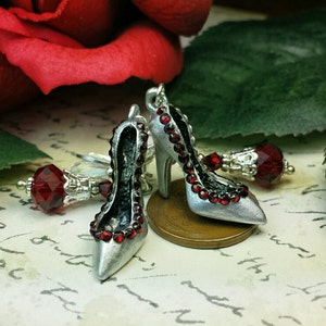 Blood Red High Heel Earrings, Stiletto Shoe Silver Charms, Hollywood Lady's Pump Shoes, Silver Shoe Dangle Drops, Titanic Temptations 17025 image 1