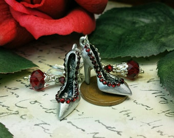 Blood Red High Heel Earrings, Stiletto Shoe Silver Charms, Hollywood Lady's Pump Shoes, Silver Shoe Dangle Drops, Titanic Temptations 17025