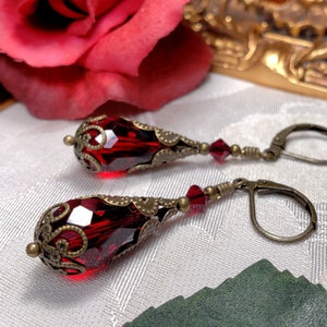 Blood Red Bronze Gothic Earrings, Dark Crimson Red Victorian Drops, Garnet Edwardian, Antique Gold Brass Steampunk Titanic Temptations 12019 image 2