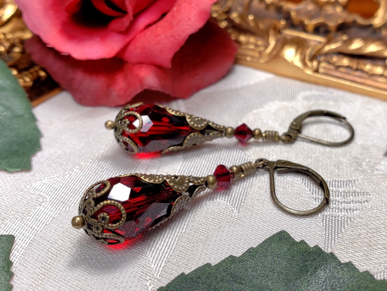 Blood Red Bronze Gothic Earrings, Dark Crimson Red Victorian Drops, Garnet Edwardian, Antique Gold Brass Steampunk Titanic Temptations 12019 image 2