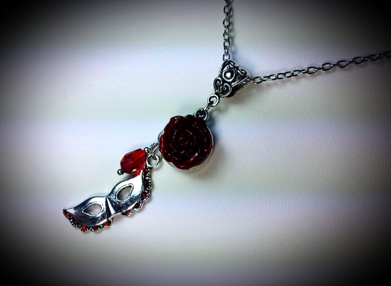 Phantom of the Opera Blood Red Rose Silver Pendant Necklace, Gothic Victorian Steampunk Garnet Rosebud Mask Charm, Titanic Temptations 16007 image 3