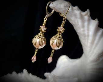 Pink Pearl Victorian Earrings, Gothic Pink Peach Steampunk, Light Orange Edwardian Dangle, Antique Gold Bronze, Titanic Temptations 19012