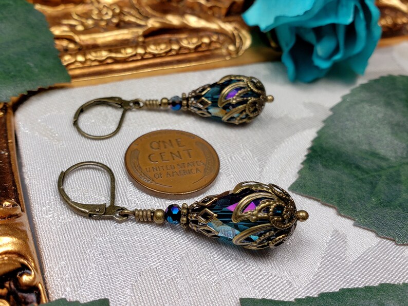 Blue Purple Victorian Earrings, Blue Zircon Gothic, Dark Aqua Steampunk, Teal Pink Edwardian, Antique Gold Bronze, Titanic Temptations 22005 image 9