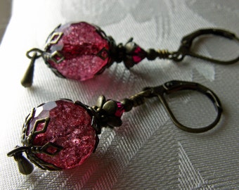Blood Red Crackle Vein Bronze Earrings, Gothic Victorian, Ruby Maroon Steampunk Edwardian Bridal Dangle Drops, Titanic Temptations Jewelry