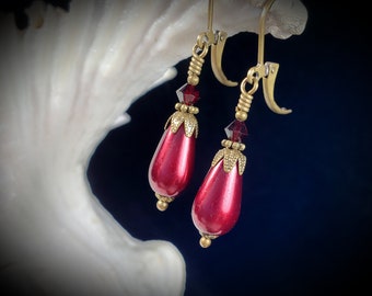 Blood Red Teardrop Victorian Earrings, Burgundy Pearl Edwardian, Garnet Gothic, Wine Red Steampunk, Antique Gold Bronze  Titanic Temptations