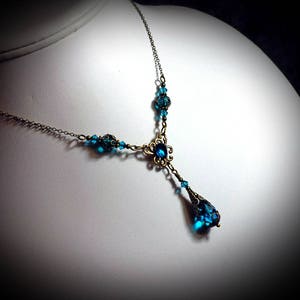 Blue Zircon Bronze Victorian Choker, Teal Gothic Pendant, Peacock Edwardian Bridal Turquoise Aqua Steampunk Dangle Titanic Temptations 11009