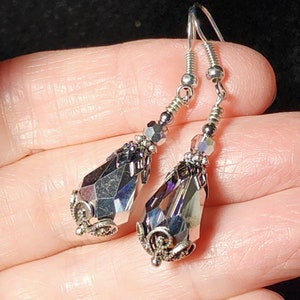 Bermuda Blue Victorian Earrings, Aqua Blue Purple Gothic Teardrop, Edwardian Bridal, Antique Silver Gunmetal, Titanic Temptations 14011 image 5