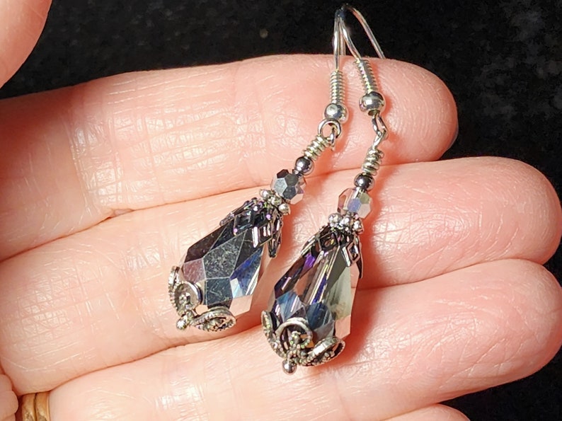 Bermuda Blue Victorian Earrings, Aqua Blue Purple Gothic Teardrop, Edwardian Bridal, Antique Silver Gunmetal, Titanic Temptations 14011 image 5