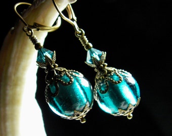 Peacock Blue Green Drop Victorian Earrings, Teal Green Steampunk Edwardian Bridal Dangle Drops, Antiqued Bronze, Titanic Temptations 11028