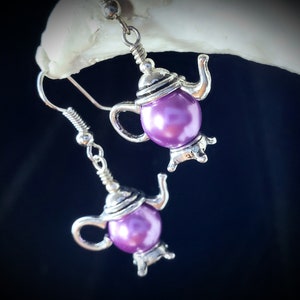 Purple Pearl Teapot Earrings, Tiny Silver Teapot, Miniature Teapots, Victorian Teapot Charms, Amethyst Pearls, Titanic Temptations 21012 image 2