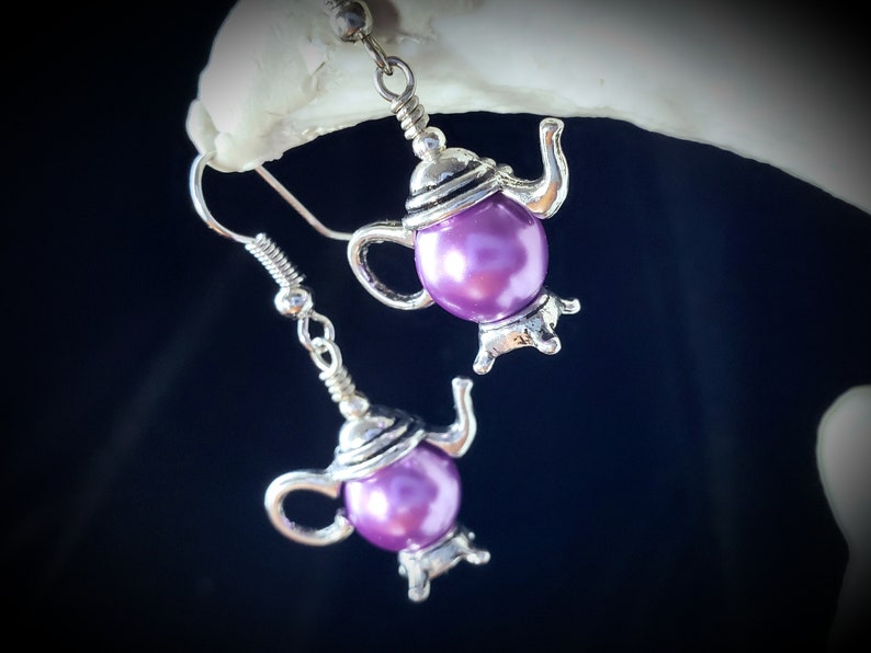 Purple Pearl Teapot Earrings, Tiny Silver Teapot, Miniature Teapots, Victorian Teapot Charms, Amethyst Pearls, Titanic Temptations 21012 image 2