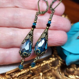 Peacock Blue Victorian Earrings, Teal Green Gothic Teardrop, Blue Zircon Edwardian Bridal, Antique Gold Bronze, Titanic Temptations 24001 image 4