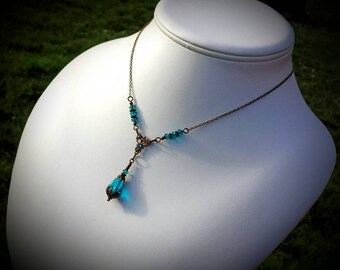 Blue Zircon Victorian Choker, Gothic Peacock Drop, Dark Turquoise, Aqua Teal, Blue Green Teardrop Edwardian Bridal Titanic Temptations 18002