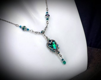 Peacock Green Silver Victorian Choker, Heartstone Pendant, Emerald Edwardian, Crystal Heart Drop, Antique Filigree Titanic Temptations 18018