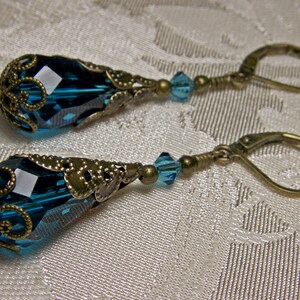 Peacock Blue Victorian Earrings, Blue Zircon Gothic, Dark Aqua Steampunk Teal Edwardian Bridal Antique Gold Bronze Titanic Temptations 11009 image 2