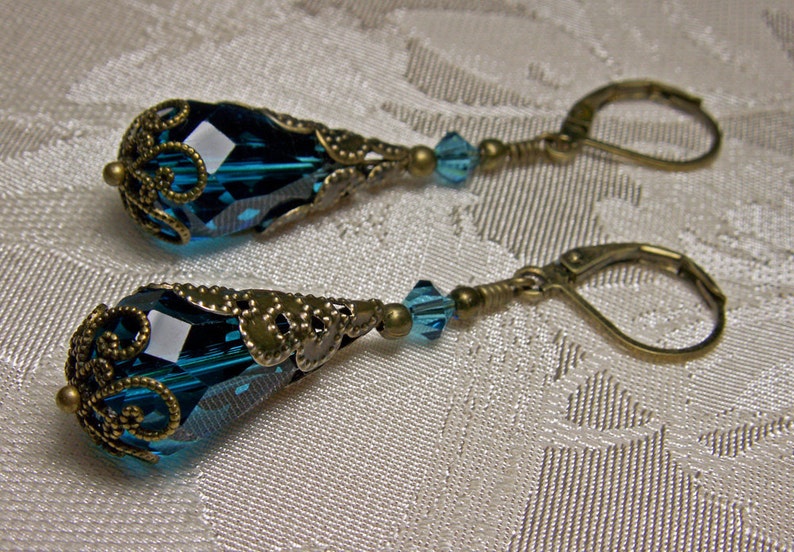 Peacock Blue Victorian Earrings, Blue Zircon Gothic, Dark Aqua Steampunk Teal Edwardian Bridal Antique Gold Bronze Titanic Temptations 11009 image 2