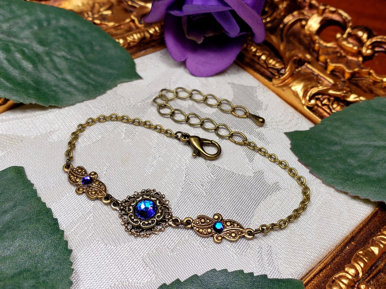 Blue Purple Victorian Bracelet, Heliotrope Gothic, Purple Edwardian, Aqua Blue Steampunk, Antique Gold Bronze, Titanic Temptations 22003 image 4