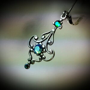 Peacock Green Silver Earrings, Teal Victorian Dangles, Turquoise Edwardian Bridal Drops, Aqua Blue Steampunk, Titanic Temptations 15007