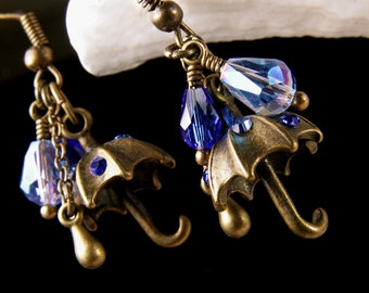 Blue Umbrella Charm Victorian Earrings, Singing in the Rain, Sapphire Parasol Charm Drop Earrings, Antique Brass Titanic Temptations Jewelry