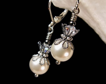 White Pearl Drop Silver Victorian Earrings, Ivory Cream Pearl Edwardian Bridal Dangles, Antique Gunmetal Filigree, Titanic Temptations 13029