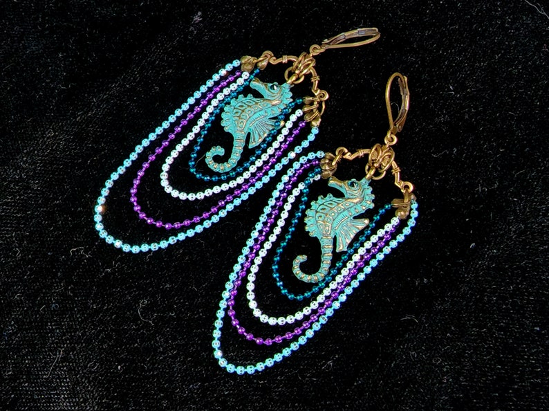 Aqua Blue Sea Horse Victorian Earrings, Brass Green Seahorse Charm, Tarnished Verdigris, Antique Gold Bronze Titanic Temptations 22007 image 2