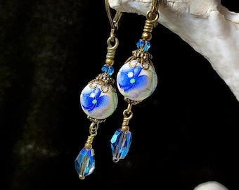 Blue Rose Victorian Earrings, Edwardian Bridal, Blue Purple Rosebud Floral, Porcelain Flower, Antique Gold Bronze, Titanic Temptations 25008