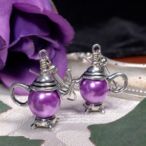 Purple Pearl Teapot Earrings, Tiny Silver Teapot, Miniature Teapots, Victorian Teapot Charms, Amethyst Pearls, Titanic Temptations 21012 image 1