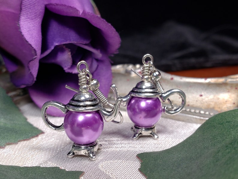 Purple Pearl Teapot Earrings, Tiny Silver Teapot, Miniature Teapots, Victorian Teapot Charms, Amethyst Pearls, Titanic Temptations 21012 image 1