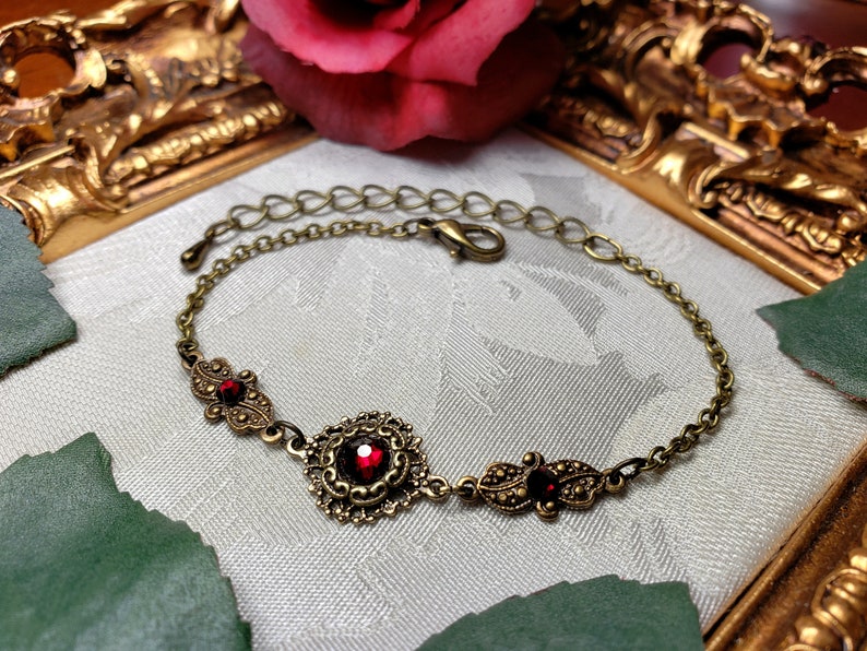 Blood Red Victorian Bracelet, Crimson Gothic, Scarlet Red Edwardian, Garnet Red Steampunk, Antiqued Gold Bronze, Titanic Temptations 22001 image 2