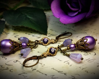 Purple Pearl Victorian Earrings, Tanzanite Crystal, Edwardian Pearl, Gothic Dangle, Sea Opal, Antique Gold Bronze, Titanic Temptations 17006