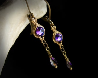 Purple Crystal Victorian Earrings, Heliotrope Gothic Dangle, Mauve Edwardian, Blue Steampunk, Antique Gold Bronze, Titanic Temptations 15020