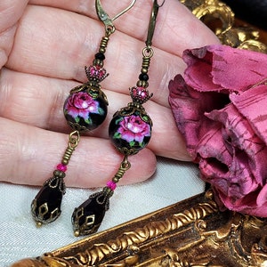 Dark Pink Rose Victorian Earrings, Pink Rosebud, Burgundy Gothic Rose, Ruby Edwardian Floral, Antique Gold Bronze, Titanic Temptations 22008 image 3