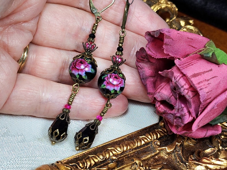Dark Pink Rose Victorian Earrings, Pink Rosebud, Burgundy Gothic Rose, Ruby Edwardian Floral, Antique Gold Bronze, Titanic Temptations 22008 image 3