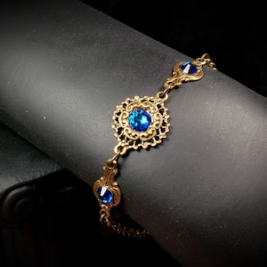 Bermuda Blue Victorian Bracelet, Blue Gothic, Sapphire Edwardian, Aqua Blue Purple Steampunk, Antique Gold Bronze, Titanic Temptations 22004 image 1
