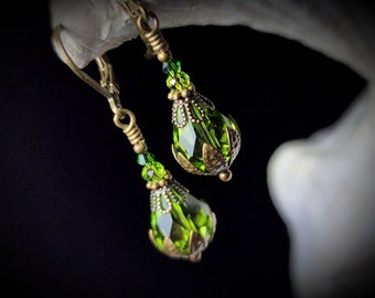 Peridot Green Victorian Earrings, Lime Gothic Teardrops, Olivine Edwardian Bridal, Steampunk Antique Gold Bronze, Titanic Temptations 23005