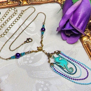Aqua Blue Sea Horse Victorian Necklace, Green Brass Seahorse Charm, Tarnished Verdigris, Antique Gold Bronze, Titanic Temptations 22007 image 9
