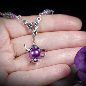 Purple Pearl Teapot Pendant, Amethyst Crystal Pearl, Lilac Teapot Charm Victorian Necklace, Antique Silver Tea Pot Titanic Temptations 21012 image 3