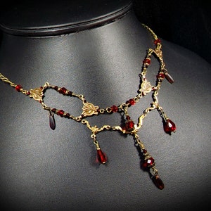 Blood Red Victorian Choker, Crimson Gothic Drop, Dark Red Edwardian Bridal, Scarlet Steampunk, Antique Gold Bronze Titanic Temptations 23004 image 7