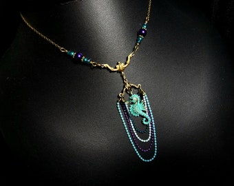 Aqua Blue Sea Horse Victorian Necklace, Green Brass Seahorse Charm, Tarnished Verdigris, Antique Gold Bronze, Titanic Temptations 22007