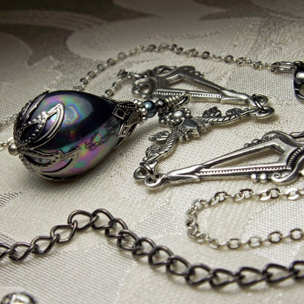 Lustrous Black Tahitian Shell Pearl Teardrop Victorian Choker Necklace, Antiqued Silver Filigree, Titanic Temptations Vintage Bridal Jewelry