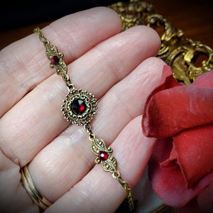 Blood Red Victorian Bracelet, Crimson Gothic, Scarlet Red Edwardian, Garnet Red Steampunk, Antiqued Gold Bronze, Titanic Temptations 22001 image 6