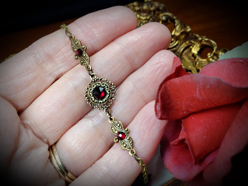 Blood Red Victorian Bracelet, Crimson Gothic, Scarlet Red Edwardian, Garnet Red Steampunk, Antiqued Gold Bronze, Titanic Temptations 22001 image 6