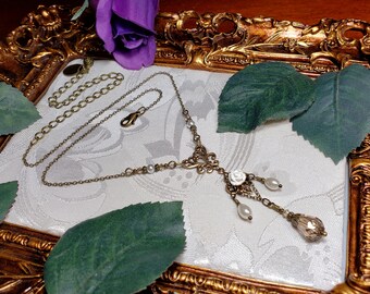 White Rose Chandelier Victorian Choker, Gothic Champagne Dangle, Ivory Pearl Edwardian Bridal, Antique Gold Bronze Titanic Temptations 21010