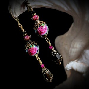 Dark Pink Rose Victorian Earrings, Pink Rosebud, Burgundy Gothic Rose, Ruby Edwardian Floral, Antique Gold Bronze, Titanic Temptations 22008 image 10