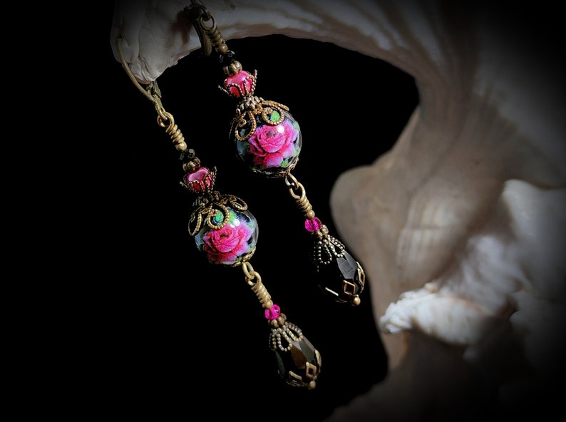 Dark Pink Rose Victorian Earrings, Pink Rosebud, Burgundy Gothic Rose, Ruby Edwardian Floral, Antique Gold Bronze, Titanic Temptations 22008 image 10