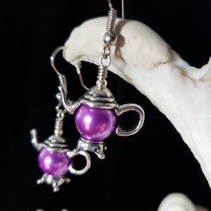 Purple Pearl Teapot Earrings, Tiny Silver Teapot, Miniature Teapots, Victorian Teapot Charms, Amethyst Pearls, Titanic Temptations 21012 image 7