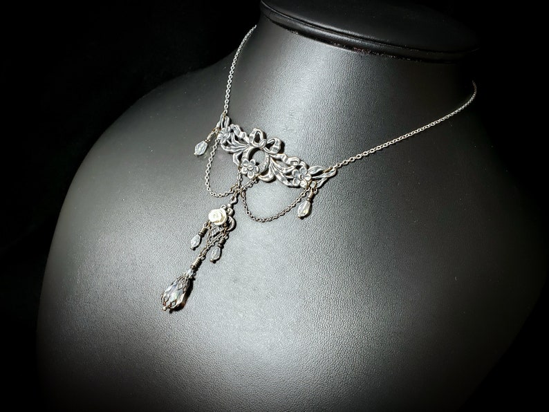 White Rose Victorian Necklace, Ribbons and Roses, Crystal Teardrop Edwardian, Gothic Gunmetal Drop, Antique Silver Titanic Temptations 21009 image 6